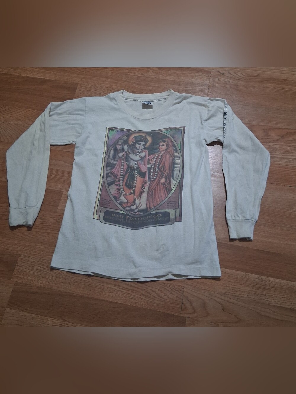 Anvil Cream Long Sleeve Graphic Tee with Multicolor Religious Artwork